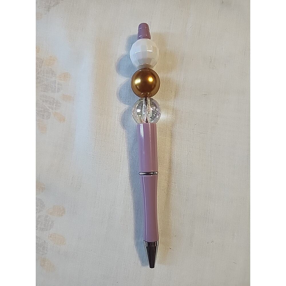 Bead Pen Lilac Pen Gold, White Disco Ball Bead, Clear Specked Bead